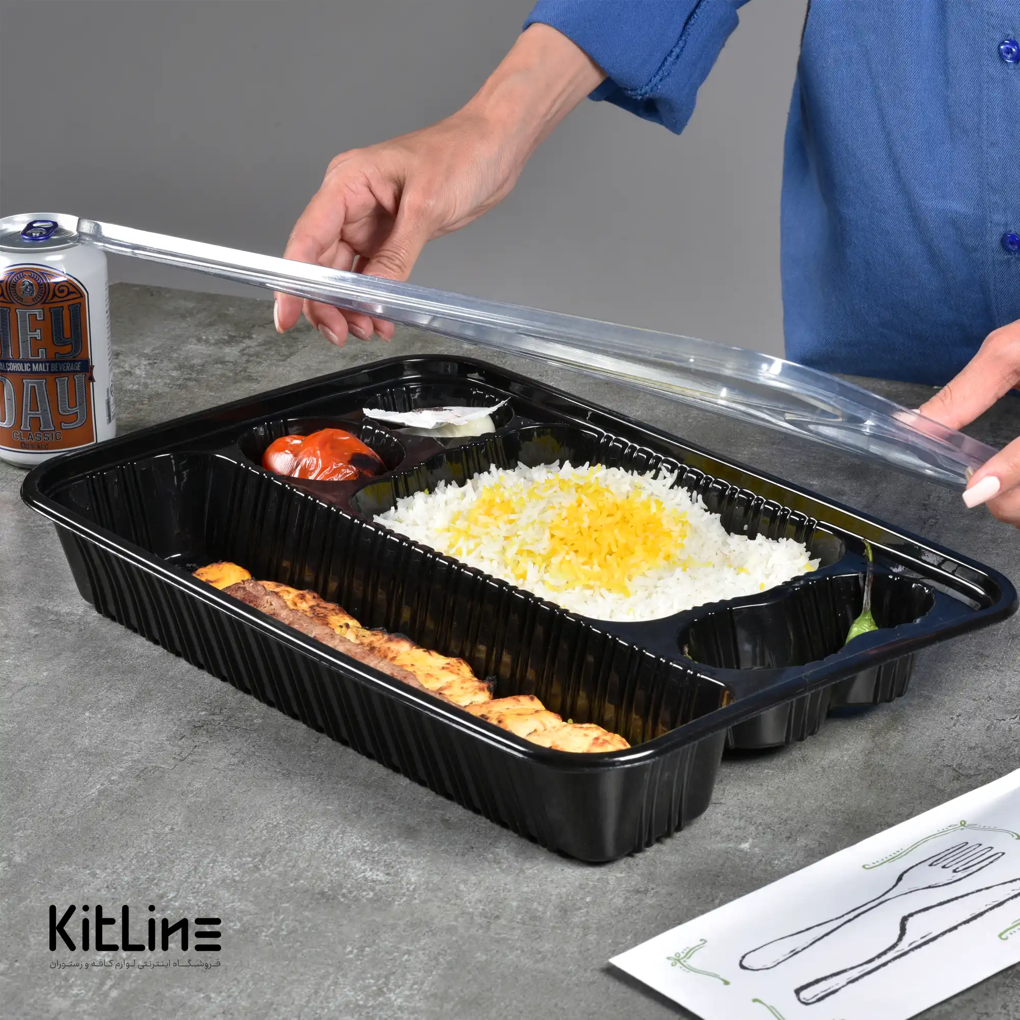 ظرف یکبار مصرف پنج خانه ۲۶×۴۰ سانتیمتری مشکی همراه در شفاف (کارتن ۱۰۰ عددی) - تصویر 7