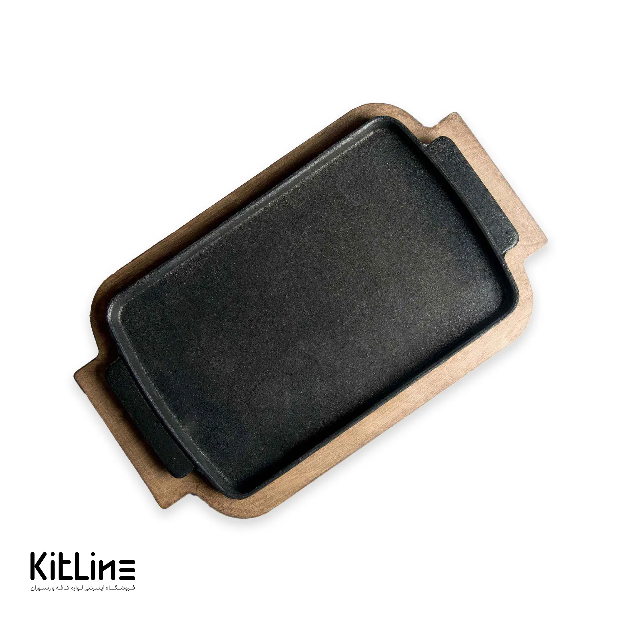 ظرف سرو مستطیلی چدنی ۱۸×۳۱.۵ سانتیمتری همراه تخته چوبی