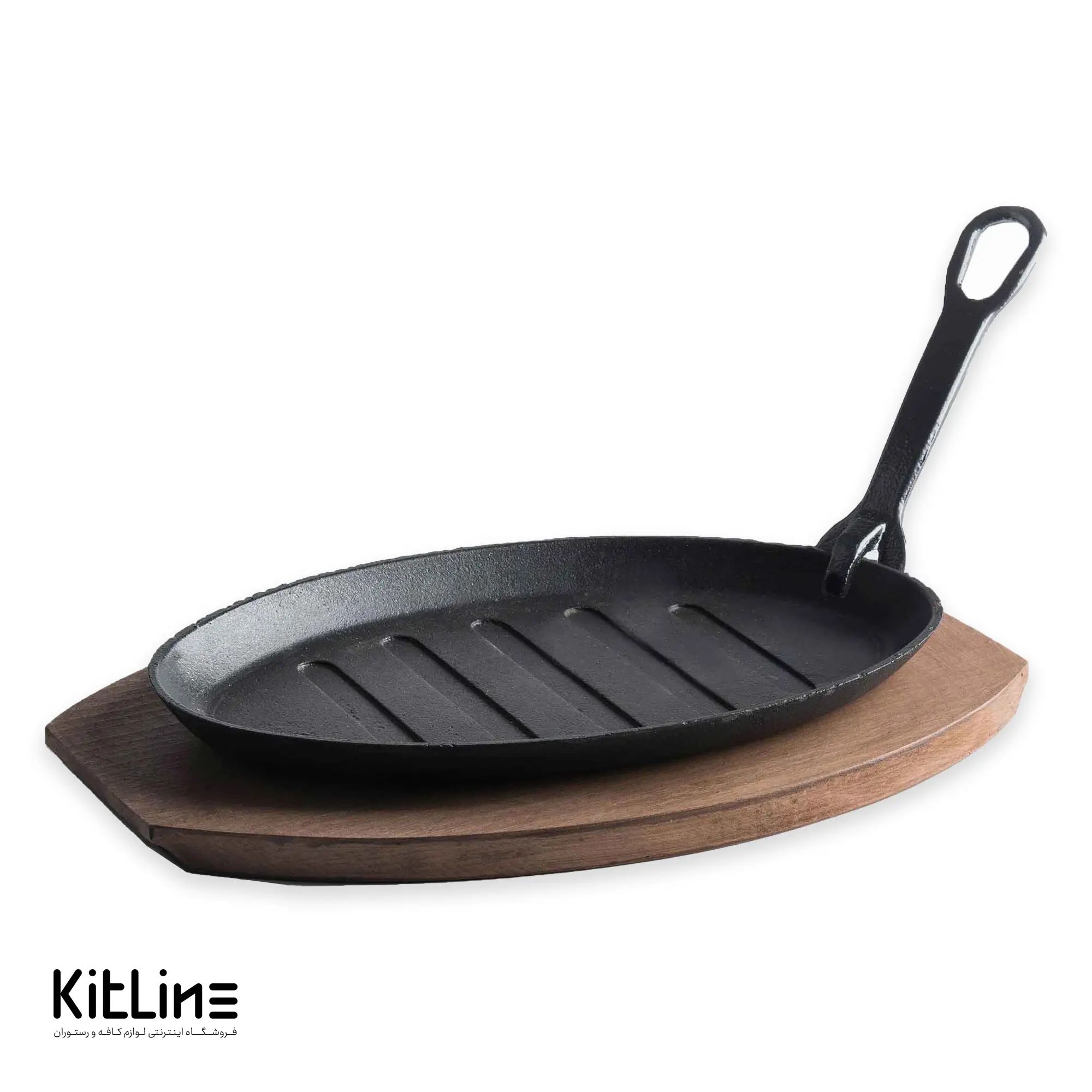 ظرف سرو استیک ۲۷ سانتیمتری چدنی همراه با تخته چوبی و دستگیره کیچن تک