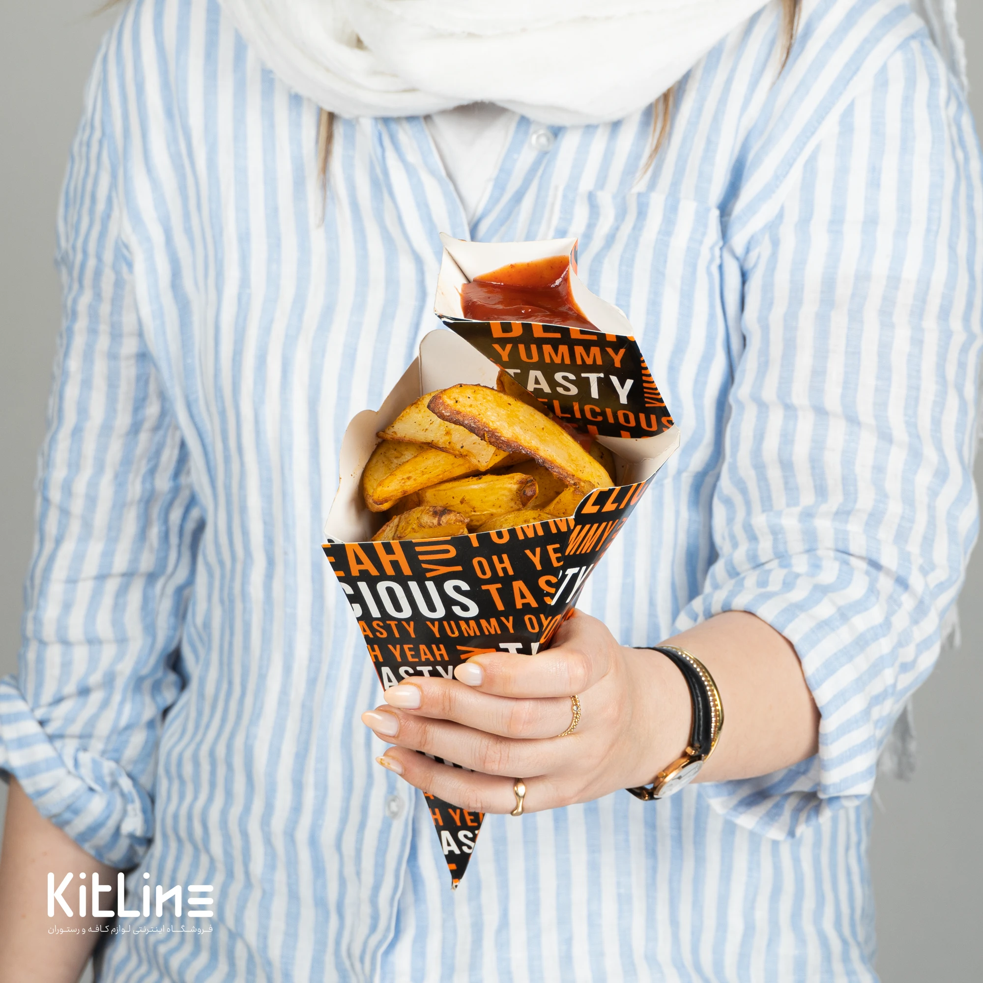 قیف سیب زمینی سرخ کرده یکبار مصرف کاغذی همراه با جای سس (کارتن ۲۳۰ عددی) - تصویر 5