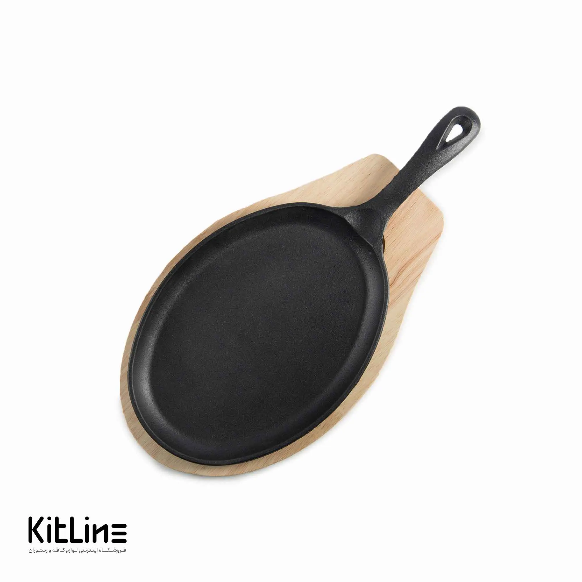 ظرف سرو بیضی چدنی ۱۸×۲۴ سانتیمتری همراه تخته چوبی