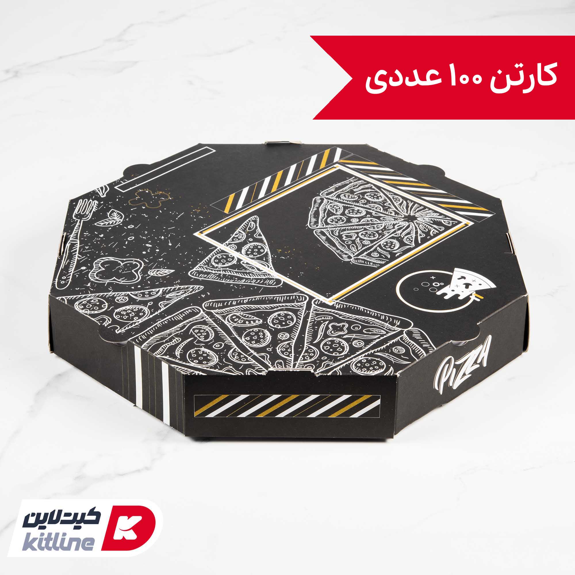 جعبه پیتزا هشت ضلعی کاغذی ۳۳ سانتیمتری طرح دار مشکی (کارتن ۱۰۰ عددی)