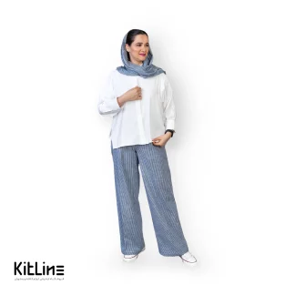 شلوار کمرکش لینن راه راه سرمه ای S.R