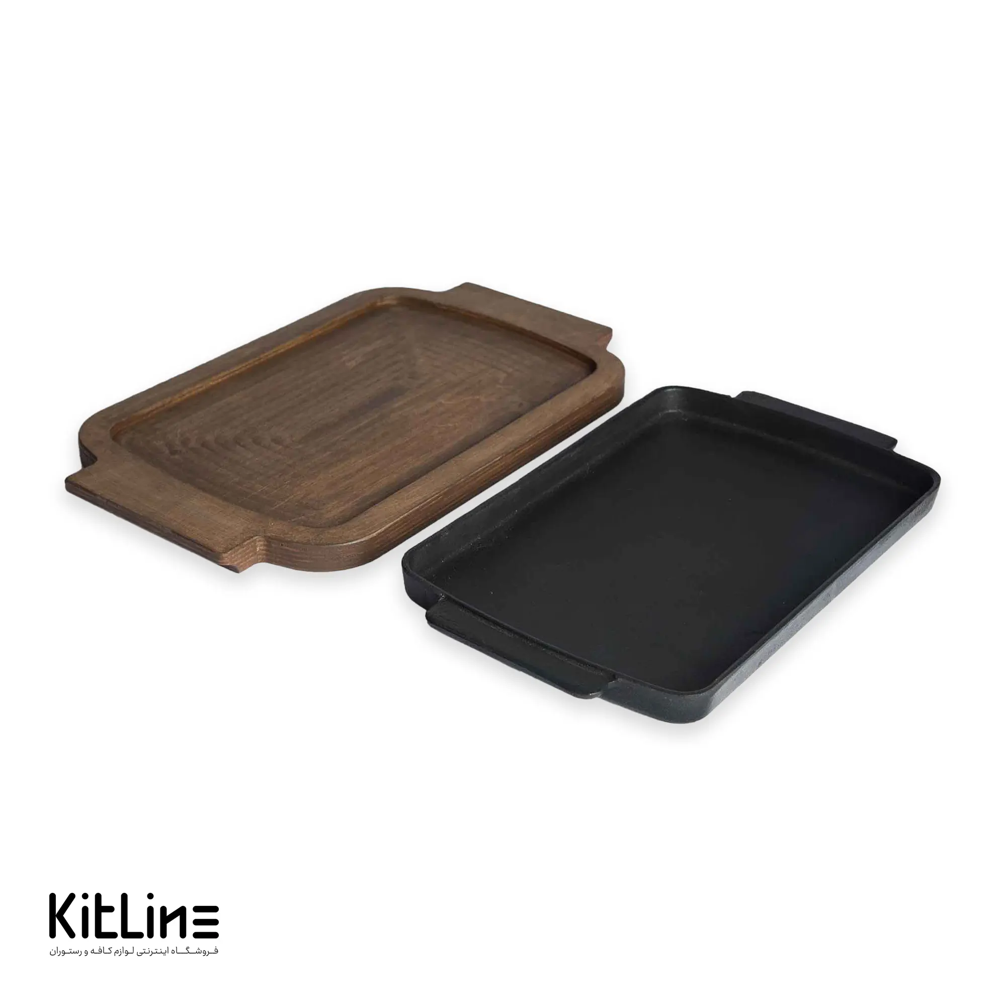 ظرف سرو مستطیلی چدنی ۱۸×۳۱.۵ سانتیمتری همراه تخته چوبی - تصویر 3