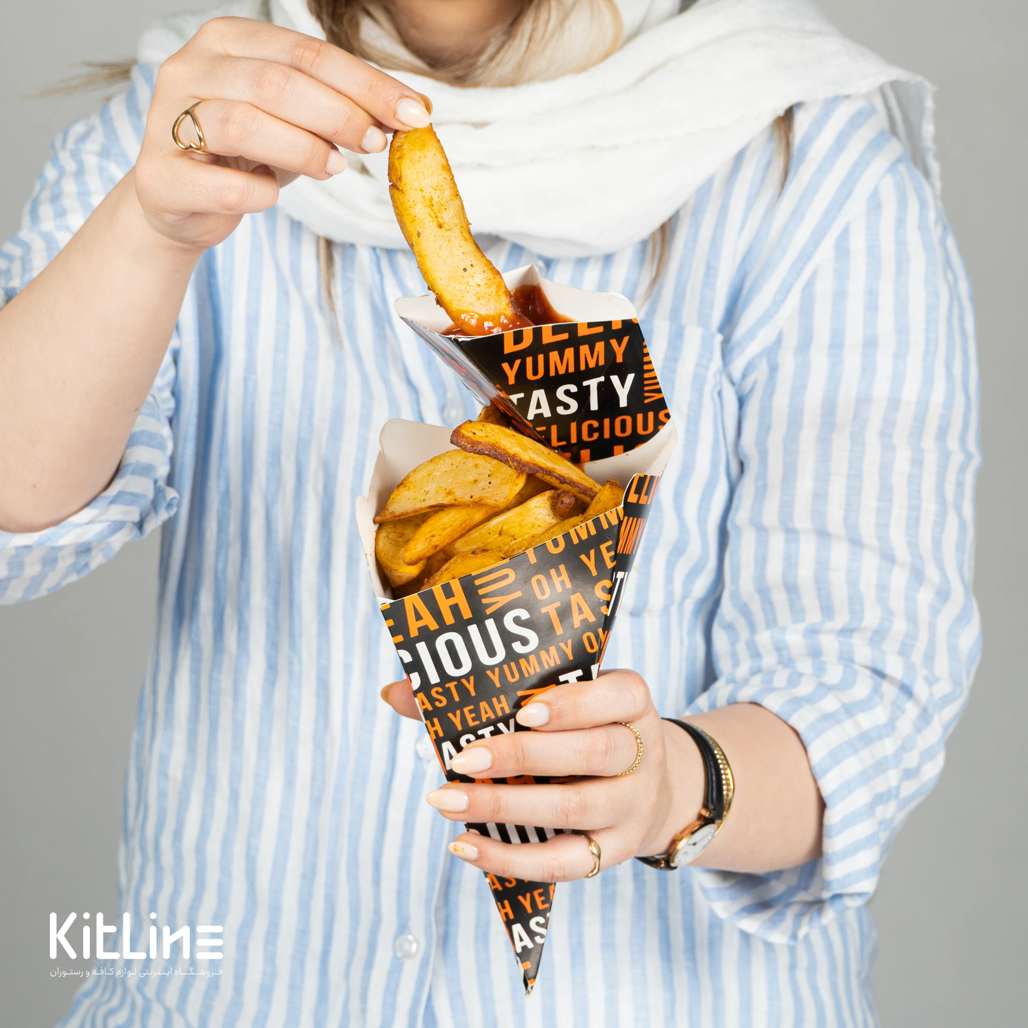 قیف سیب زمینی سرخ کرده یکبار مصرف کاغذی همراه با جای سس (کارتن ۲۳۰ عددی) - تصویر 6