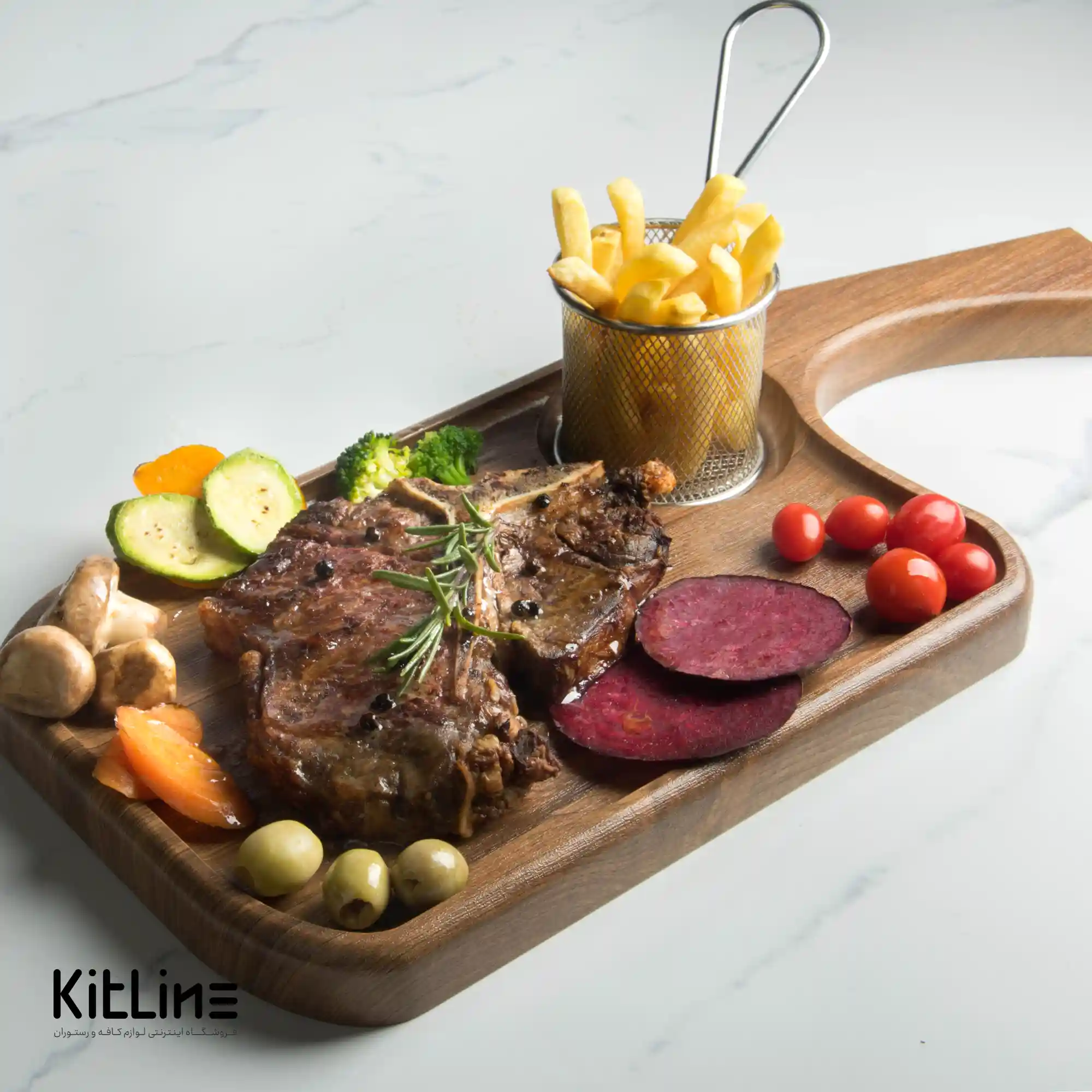 تخته سرو ۲۰×۴۸ سانتیمتری چوبی راکتی همراه با سبد سرو استیل - تصویر 5