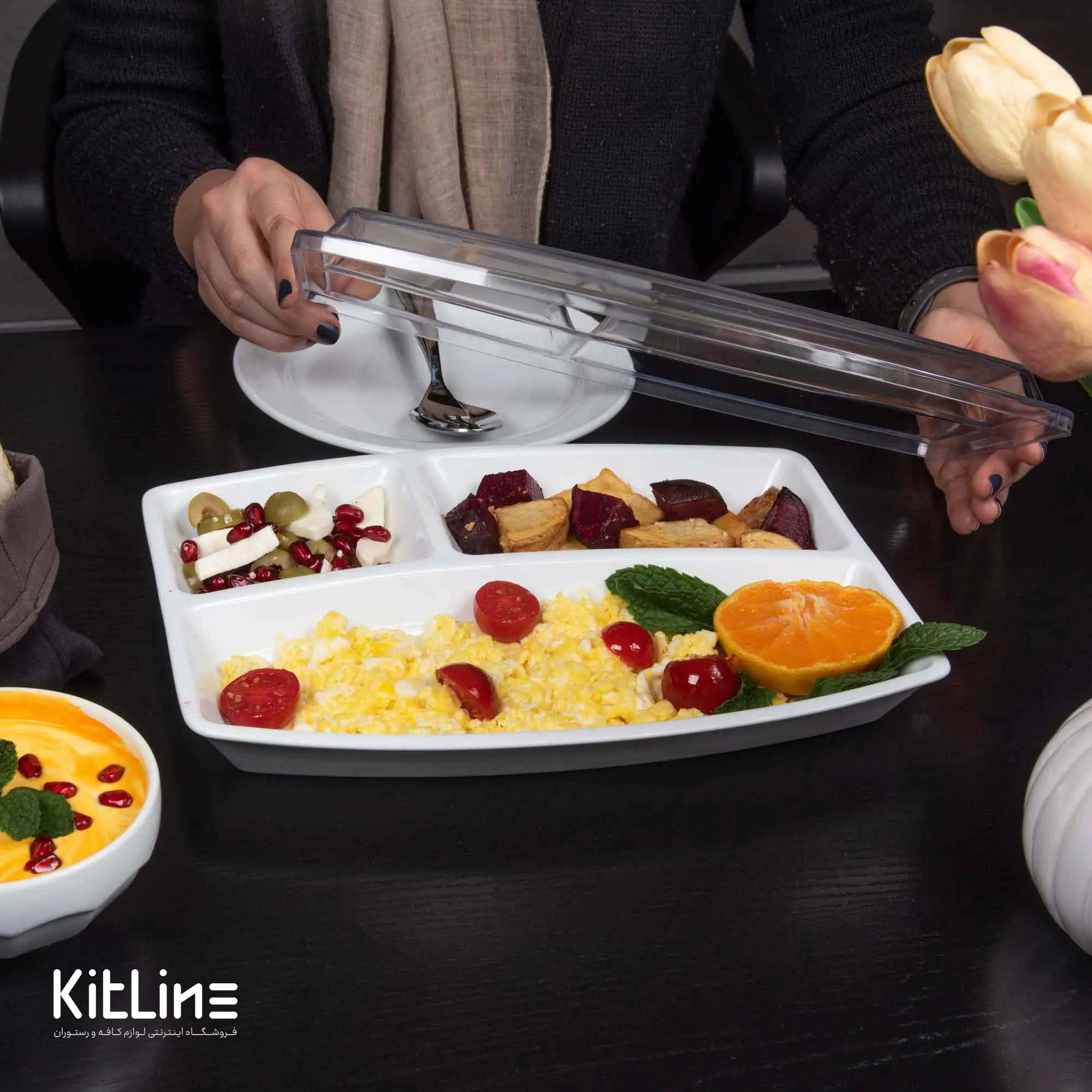 سینی مای سلف چینی زرین ۳ خانه سفید همراه با درپوش پلی کربنات - تصویر 5