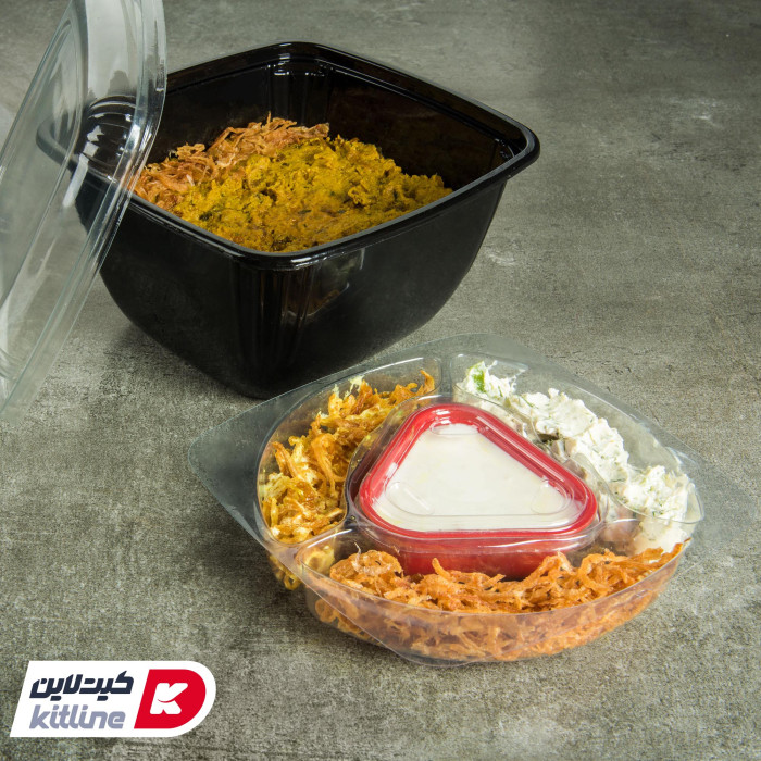 ظرف یکبار مصرف ۱۶×۱۷ سانتیمتری مشکی همراه درب شفاف، دیوایدر و سس کاپ (کارتن ۲۰۰ عددی) - تصویر 4