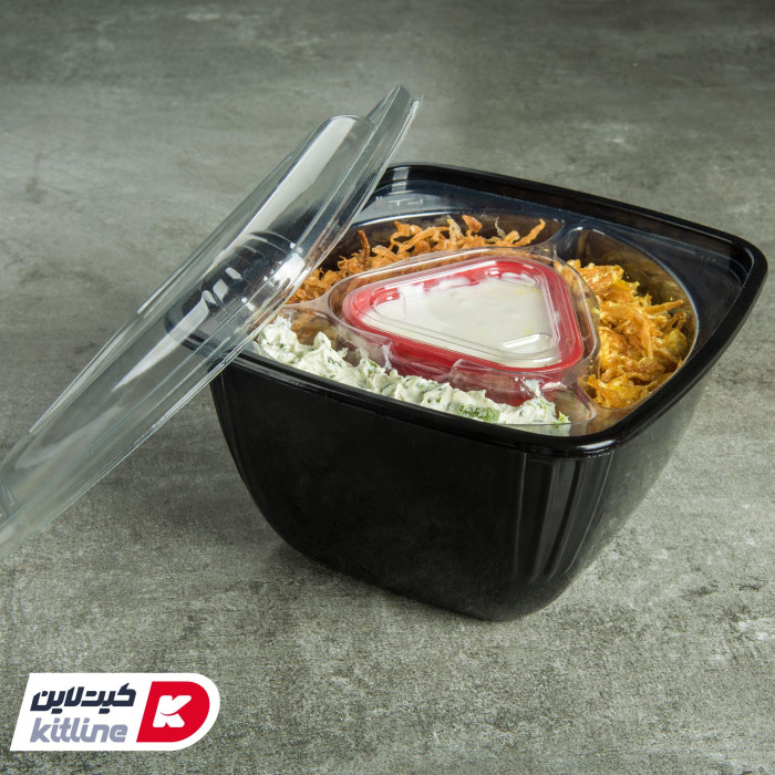 ظرف یکبار مصرف ۱۶×۱۷ سانتیمتری مشکی همراه درب شفاف، دیوایدر و سس کاپ (کارتن ۲۰۰ عددی) - تصویر 6