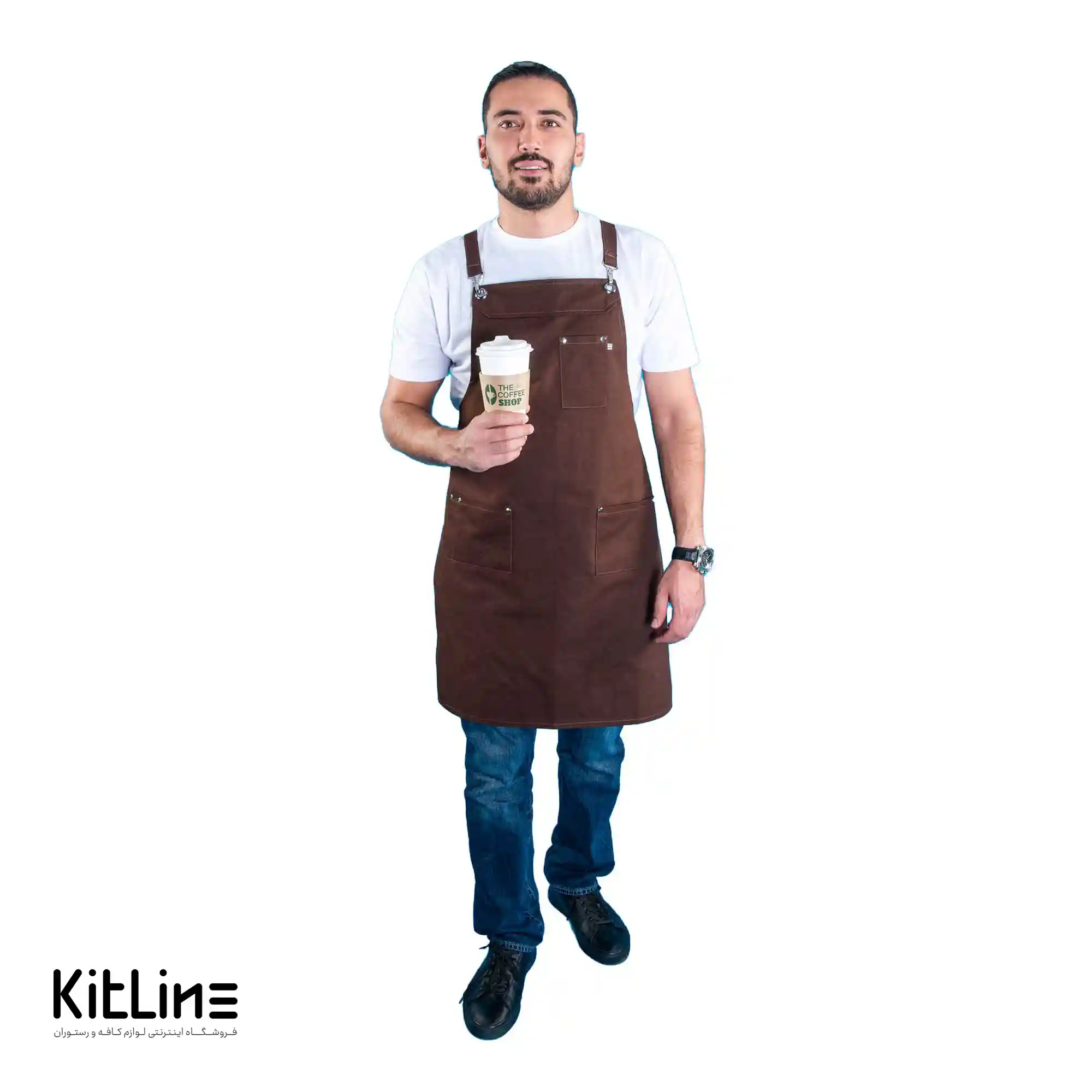 پیشبند کتان کجراه ۳ جیب قهوهای کیوان