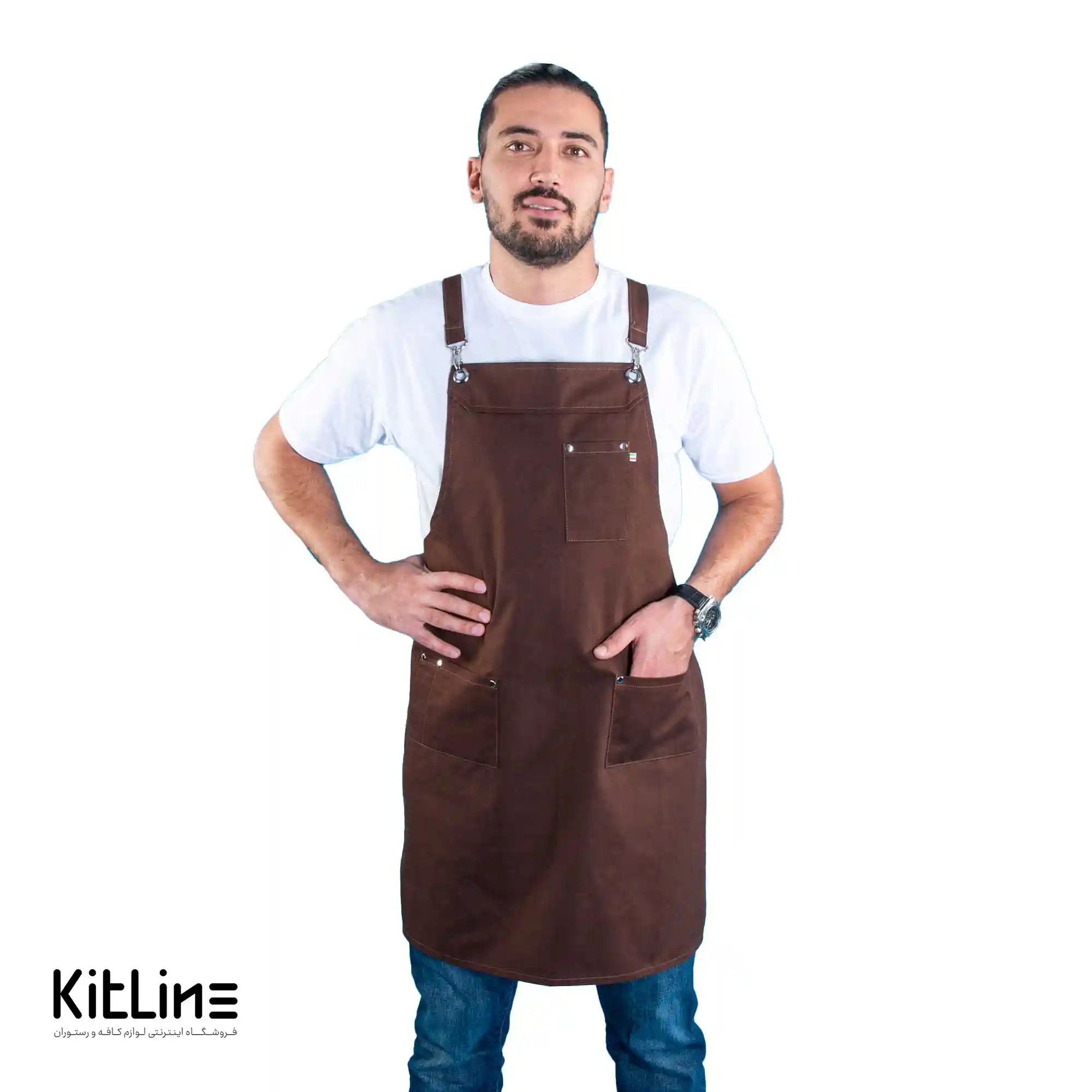 پیشبند کتان کجراه ۳ جیب قهوهای کیوان - تصویر 9