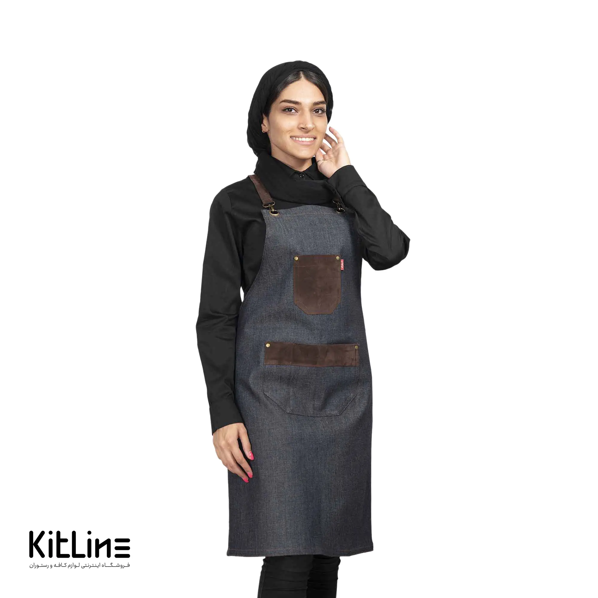 پیشبند جین دو جیب آبی با بند قهوهای