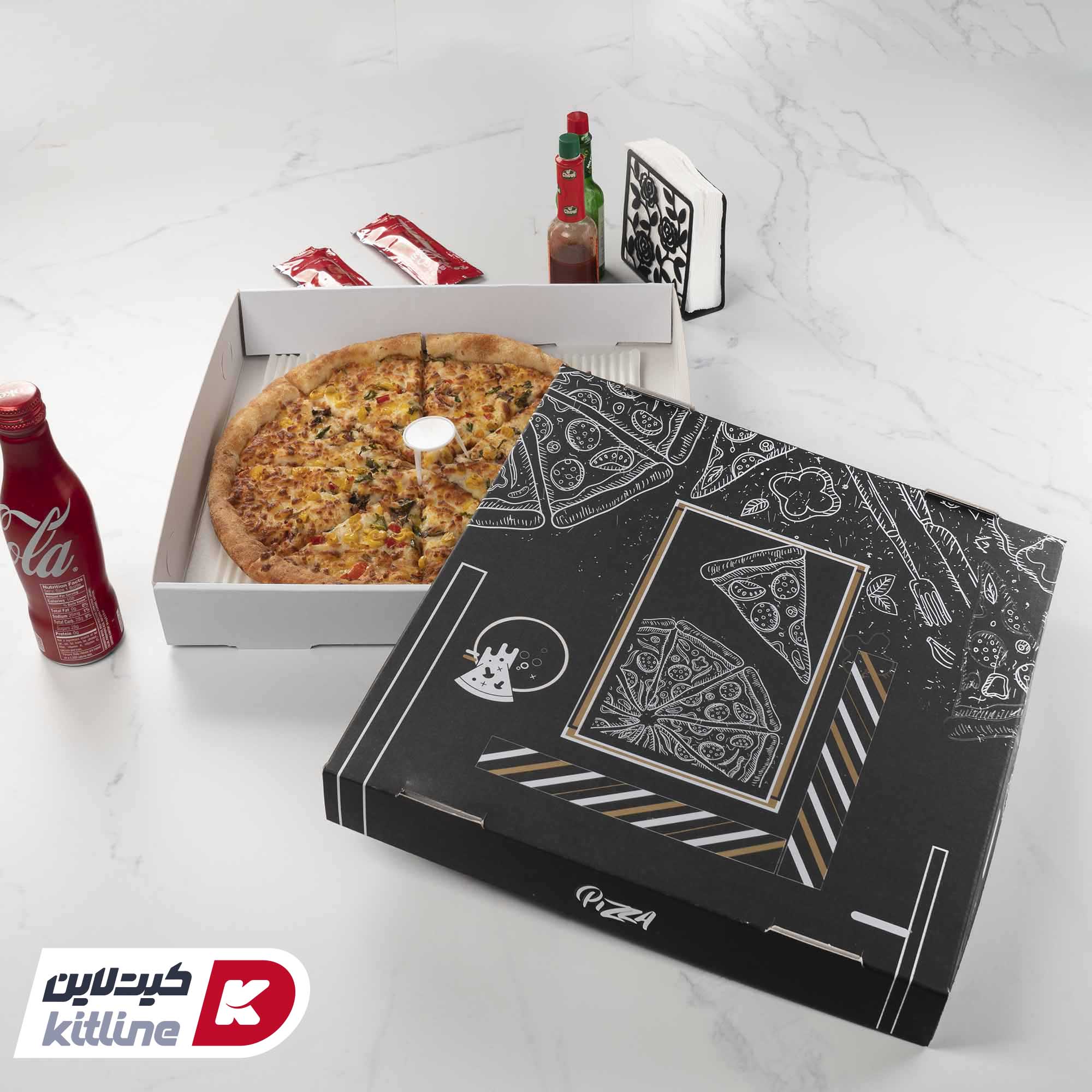 جعبه پیتزا کاغذی طرح دار مشکی ۴۰ سانتیمتری (کارتن ۱۰۰ عددی) - تصویر 3