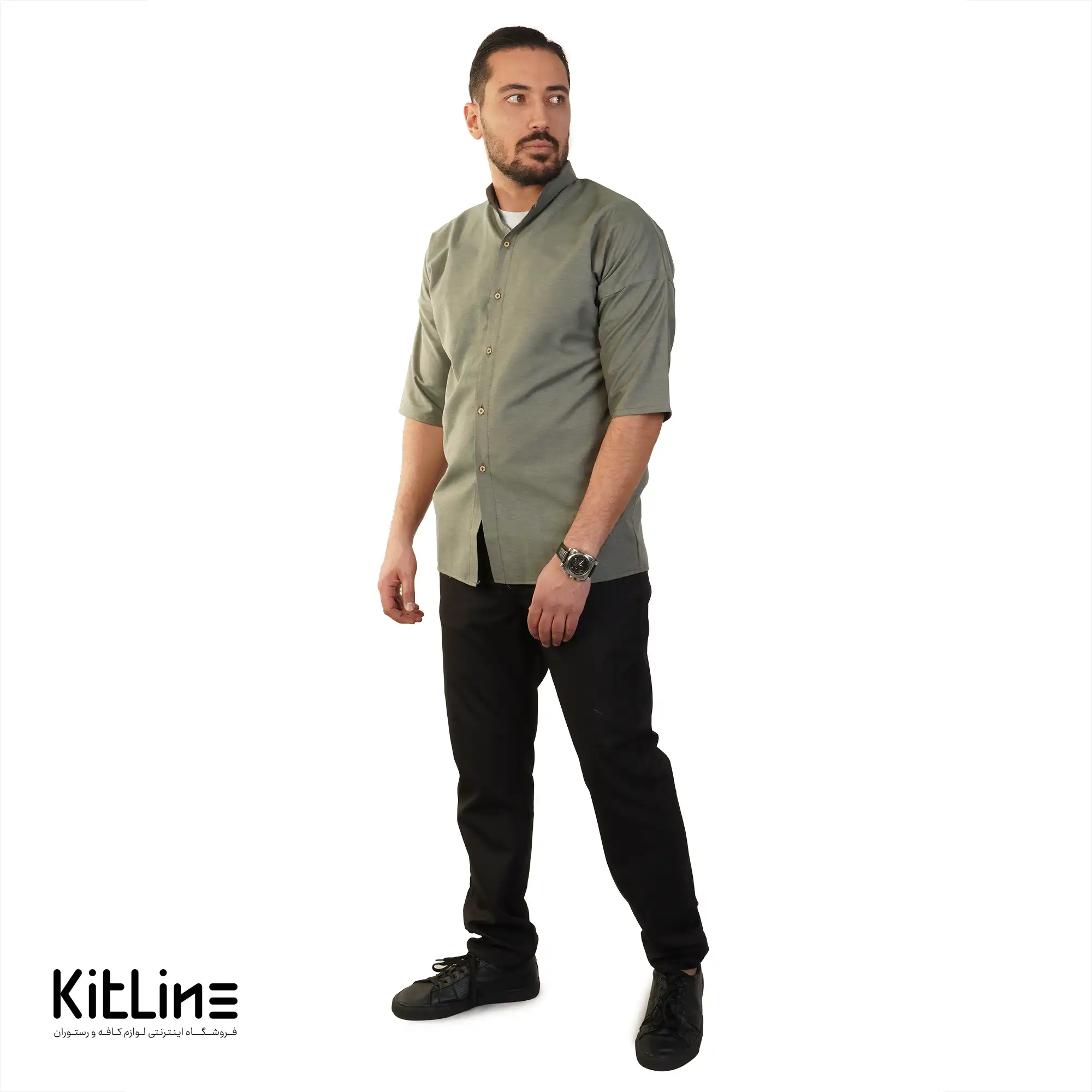 پيراهن آستین سه ربع لینن سبز فراز - تصویر 5