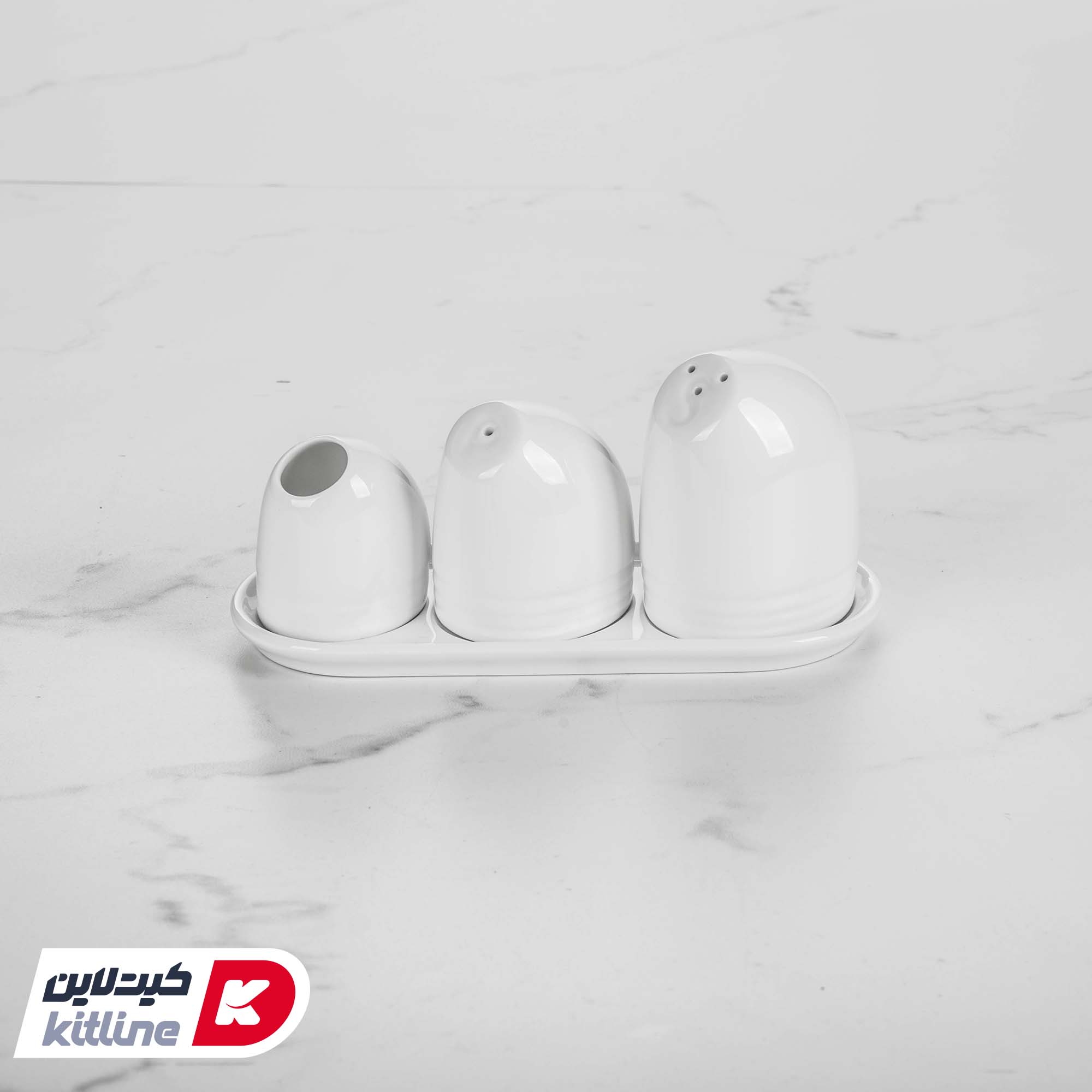 سرویس نمک پاش، فلفل پاش، جا خلالی و سینی چینی هتلی زرین