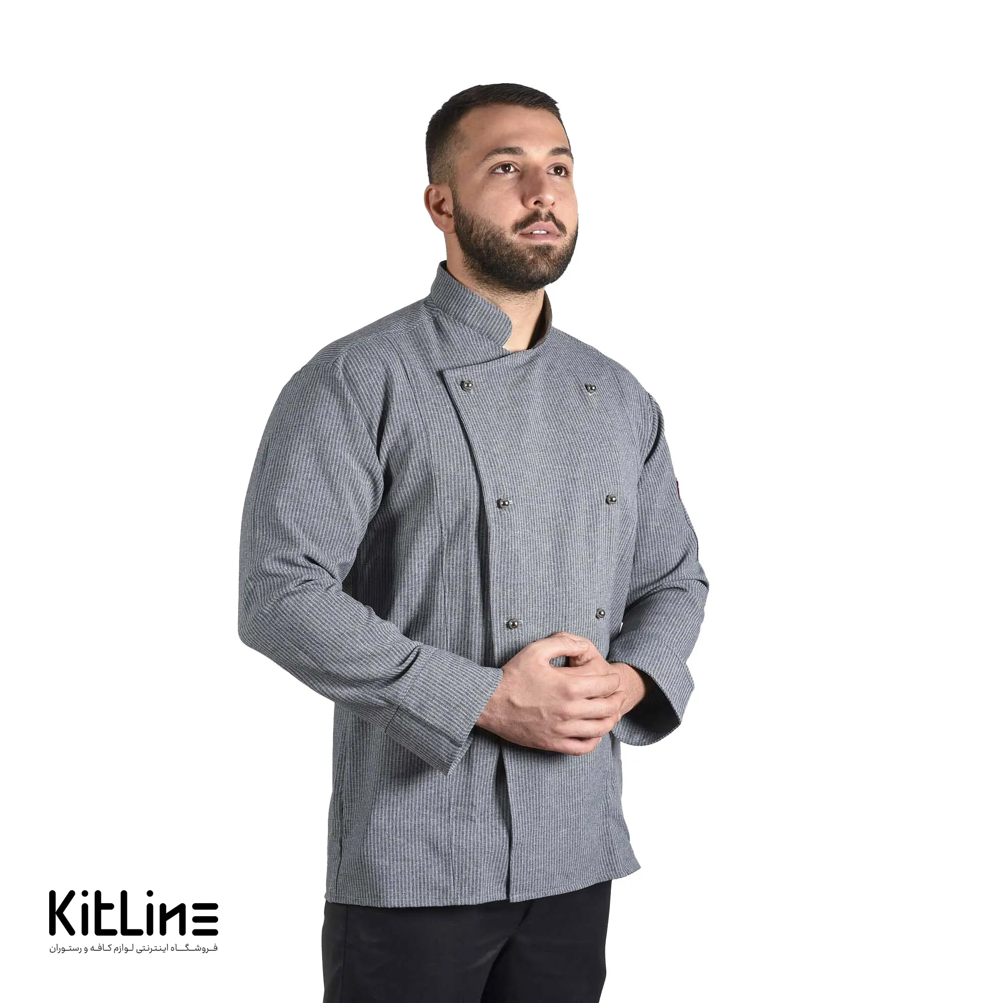 روپوش سرآشپز آستین بلند با دکمه جداشو راه راه طوسی آریا - تصویر 7