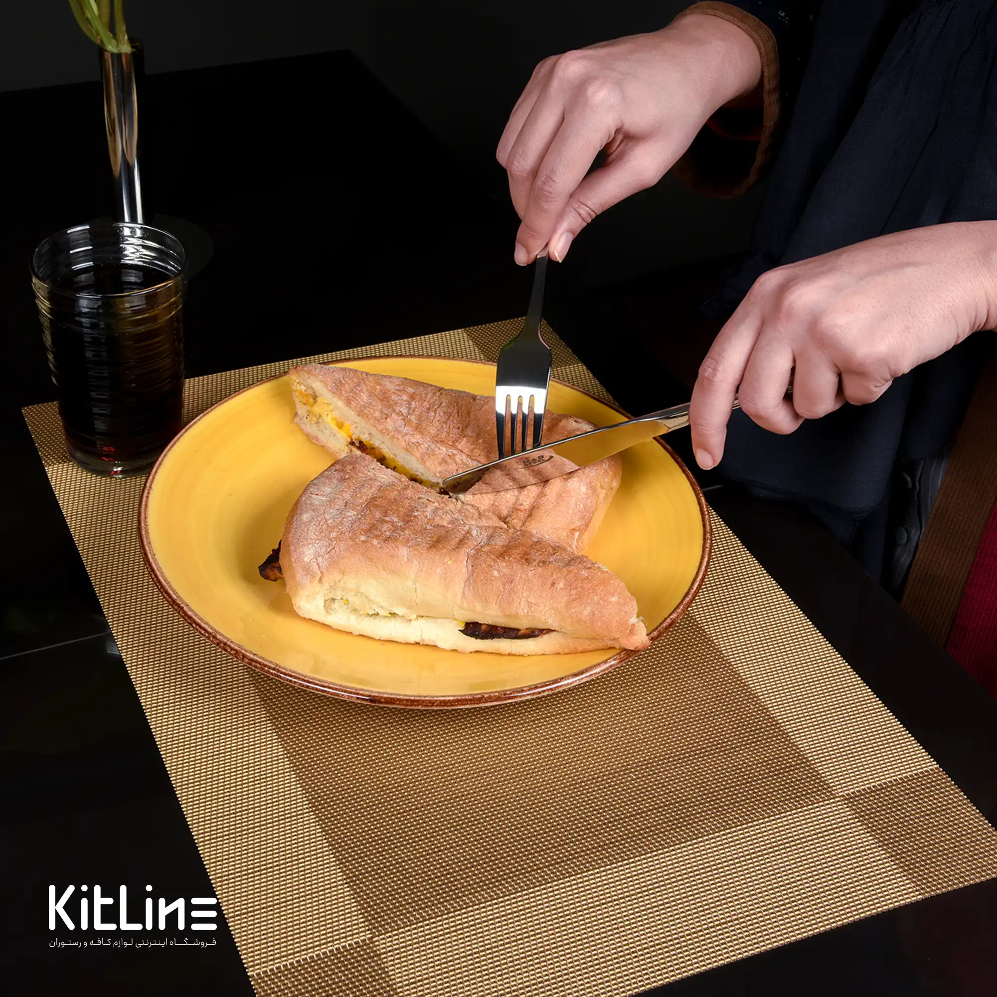 بشقاب تخت سرامیکی ۲۵ سانتیمتری زرد نارنجی باند دار - تصویر 7