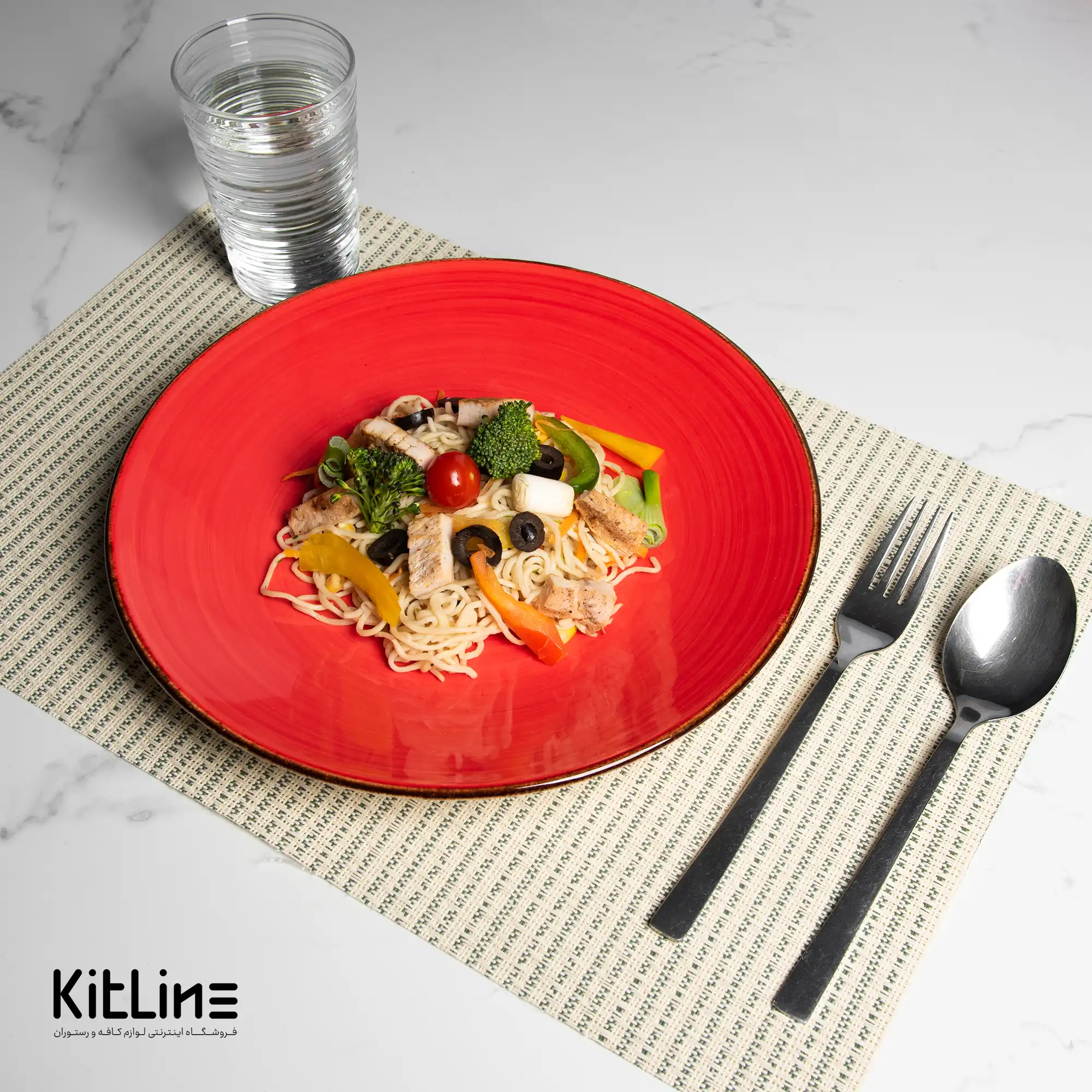 بشقاب تخت سرامیکی ۲۵ سانتیمتری قرمز باند دار - تصویر 8