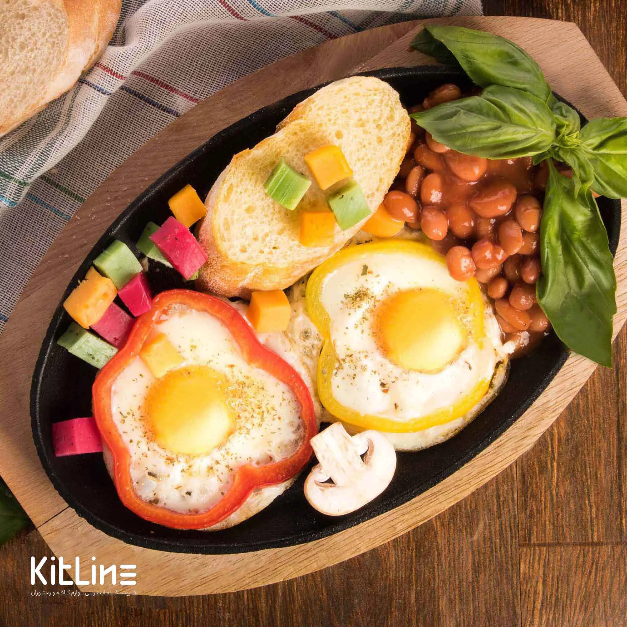 ظرف سرو استیک ۲۷ سانتیمتری چدنی همراه با تخته چوبی و دستگیره کیچن تک - تصویر 10