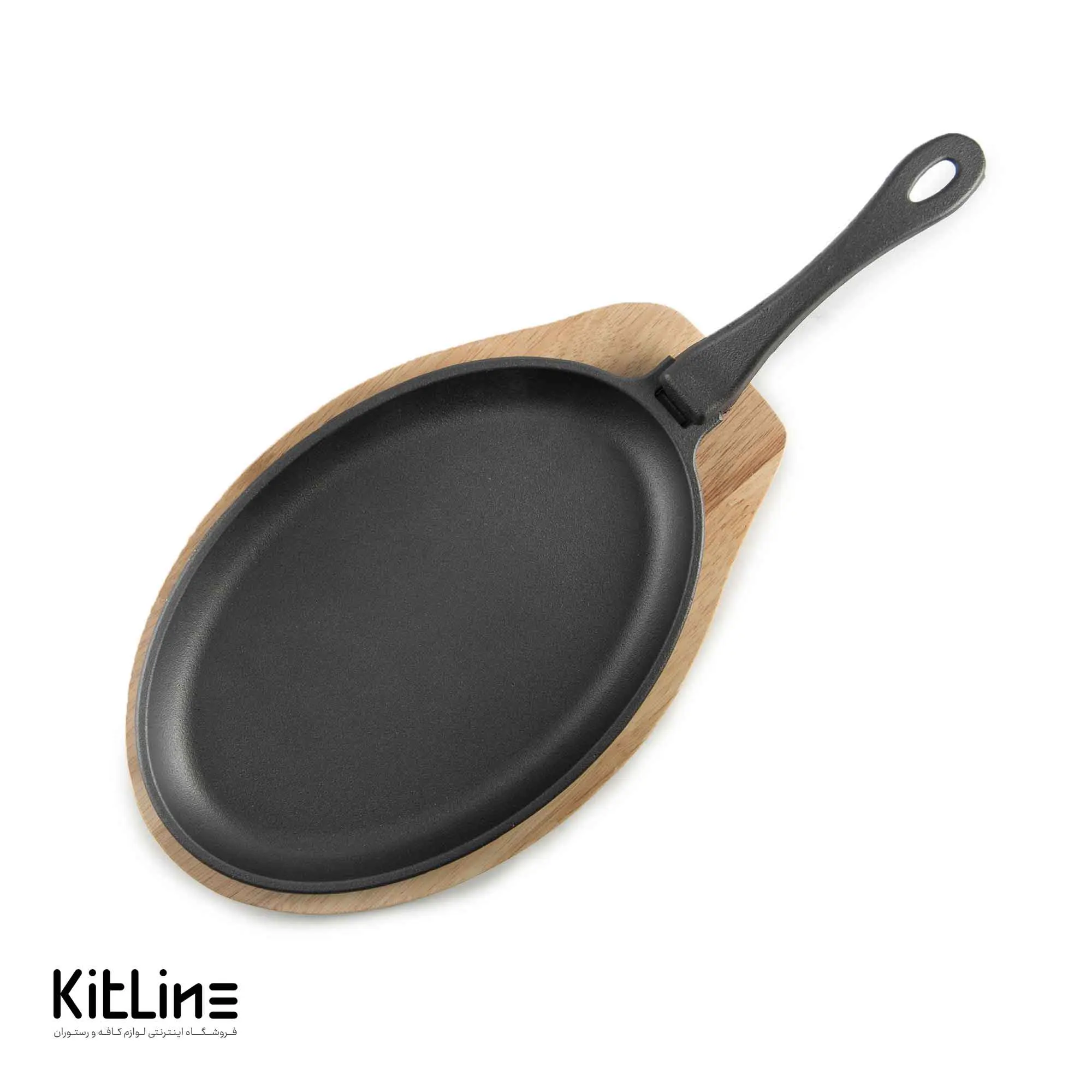 ظرف سرو بیضی چدنی ۱۸×۲۶ سانتیمتری همراه تخته چوبی و دستگیره