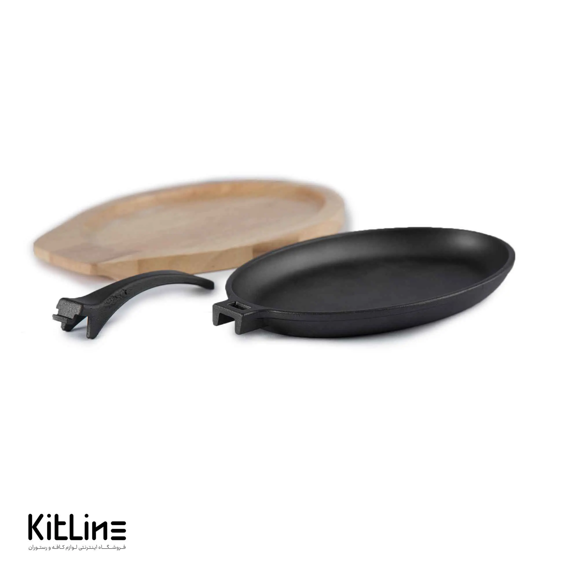 ظرف سرو بیضی چدنی ۱۸×۲۶ سانتیمتری همراه تخته چوبی و دستگیره - تصویر 3