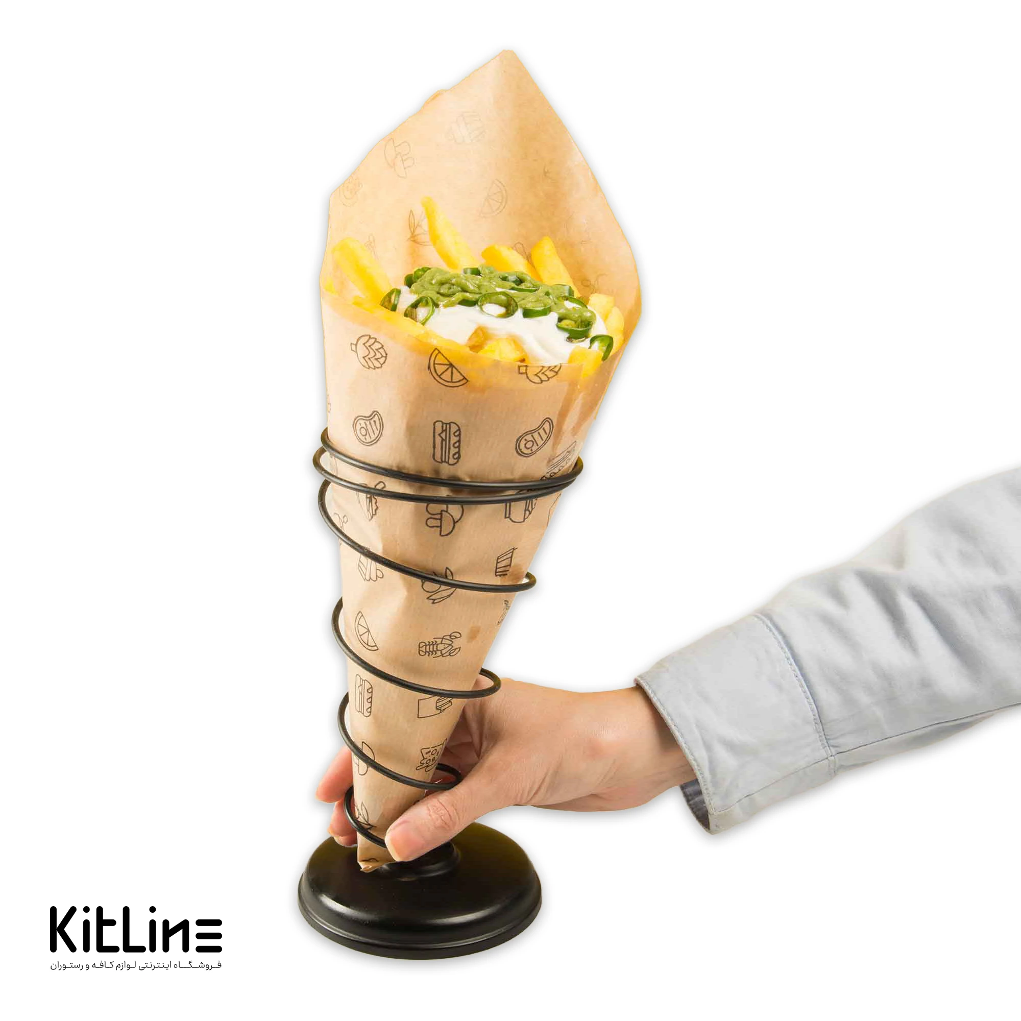 ظرف سرو سیب زمینی قیفی تکی فلزی مشکی کیچن تک - تصویر 5