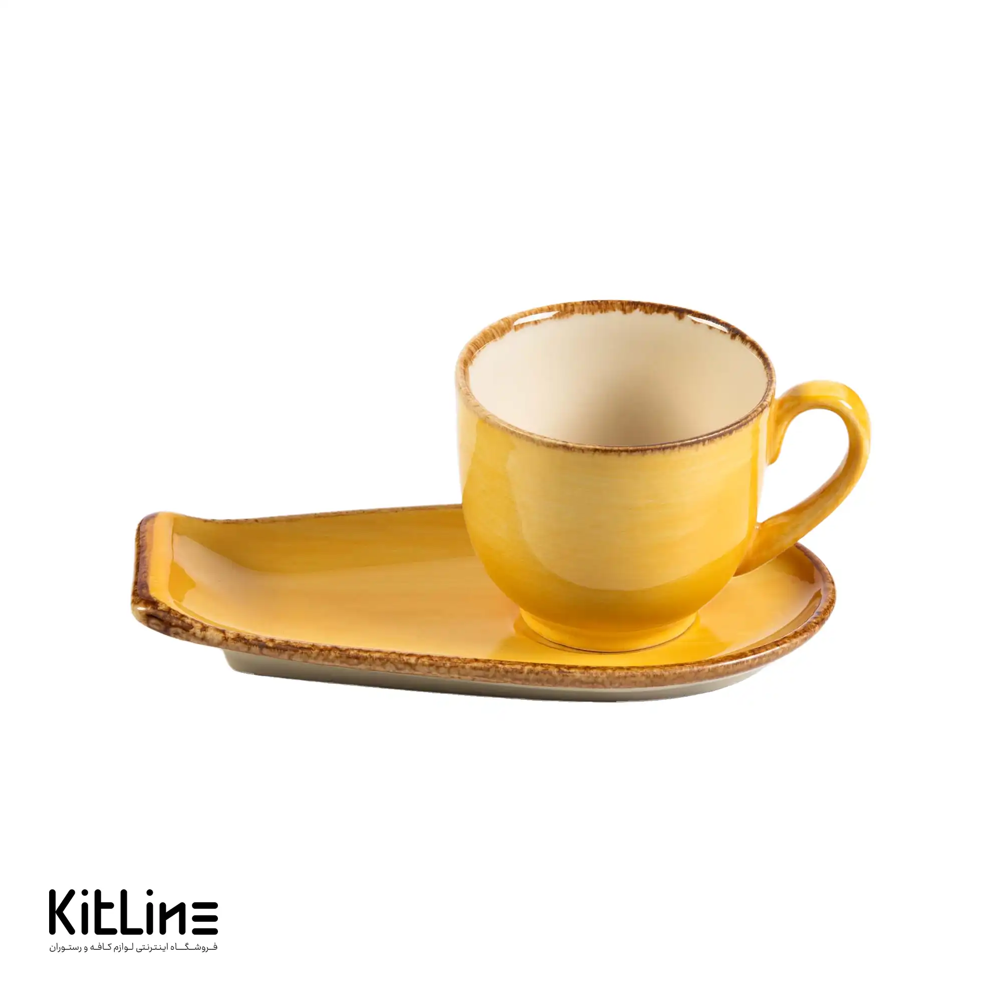 فنجان و نعلبکی سرامیکی ۲۵۰ میلی‌لیتری زرد و نارنجی باند دار کیچن تک