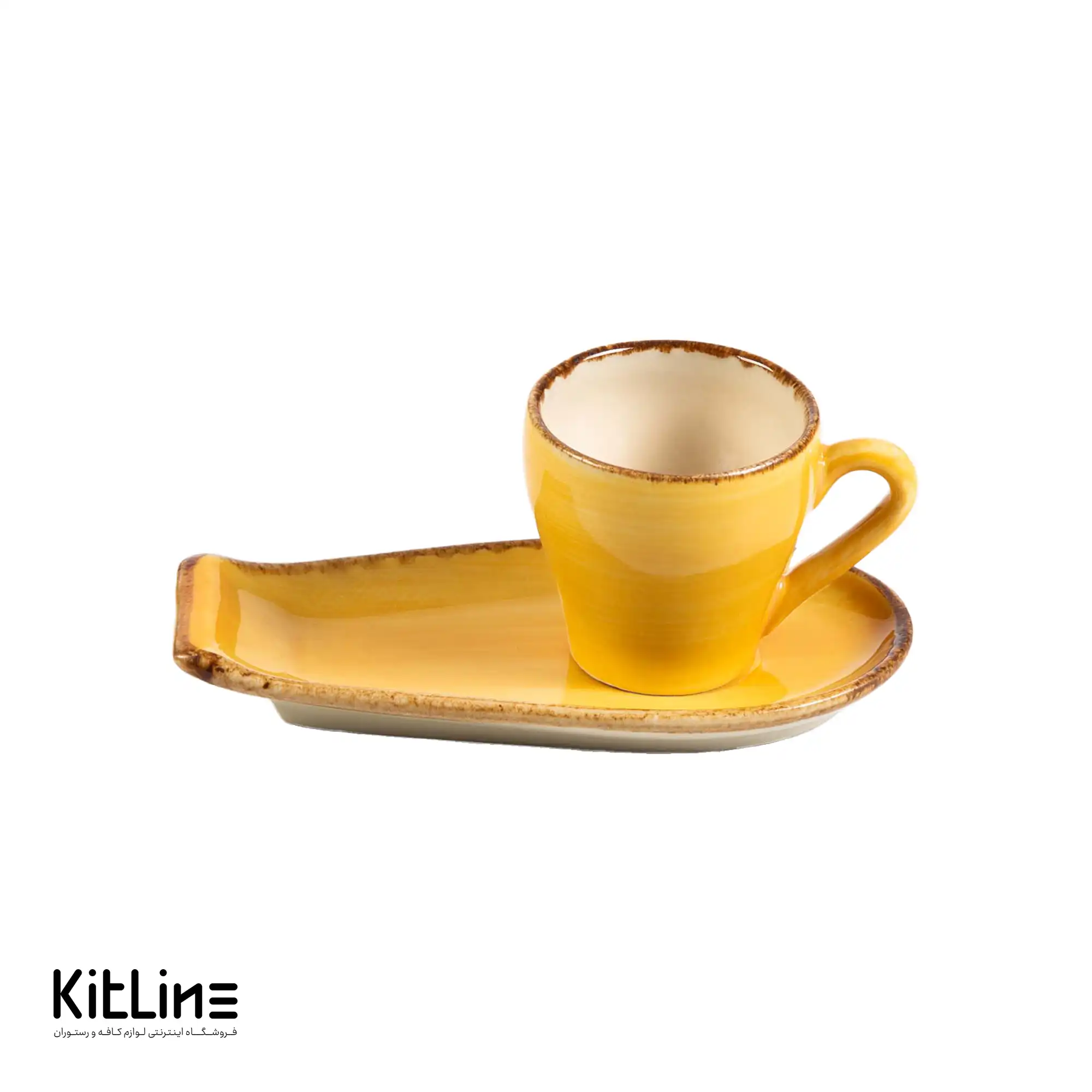 فنجان و نعلبکی سرامیکی ۹۰ میلی‌لیتری زرد و نارنجی باند دار کیچن تک