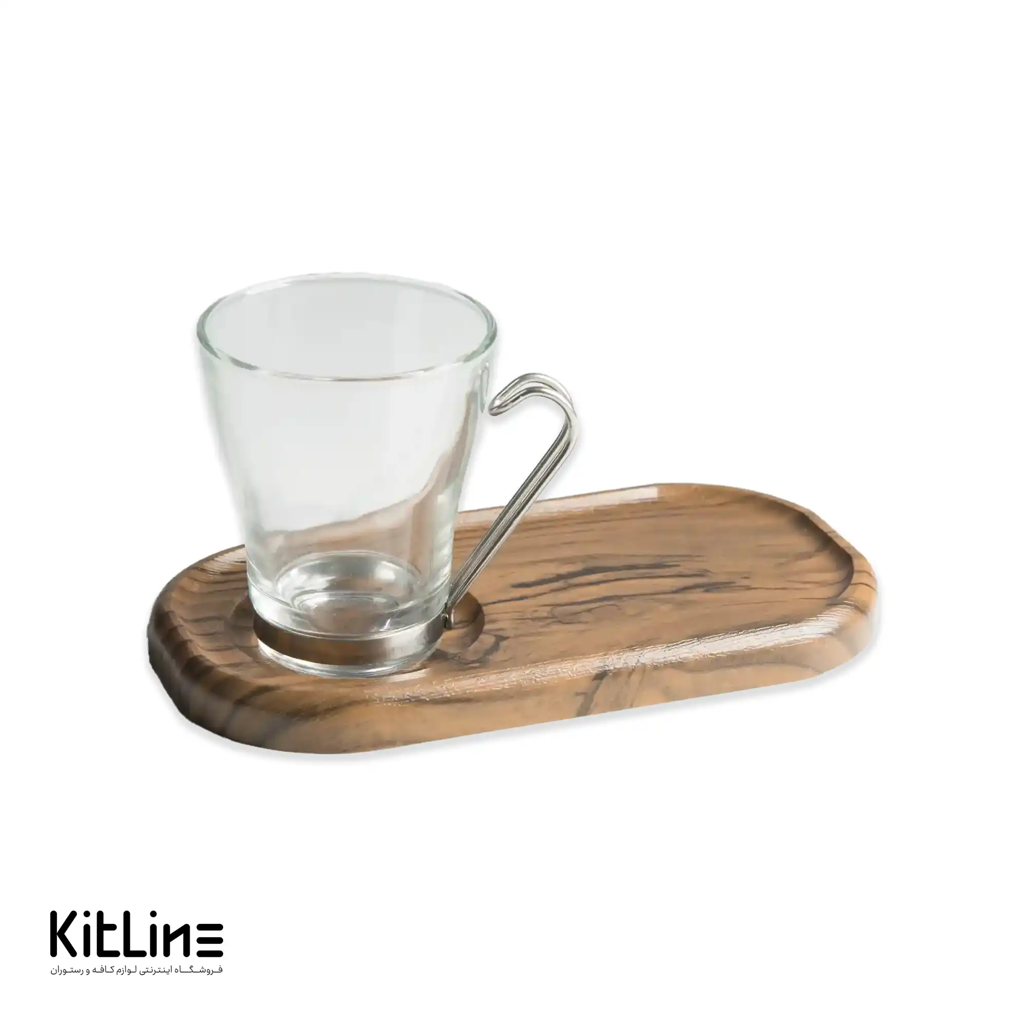 لیوان شیشه ای ۲۴۰ میلی‌لیتری دسته فلزی بورمیولی به همراه تخته سرو چوبی