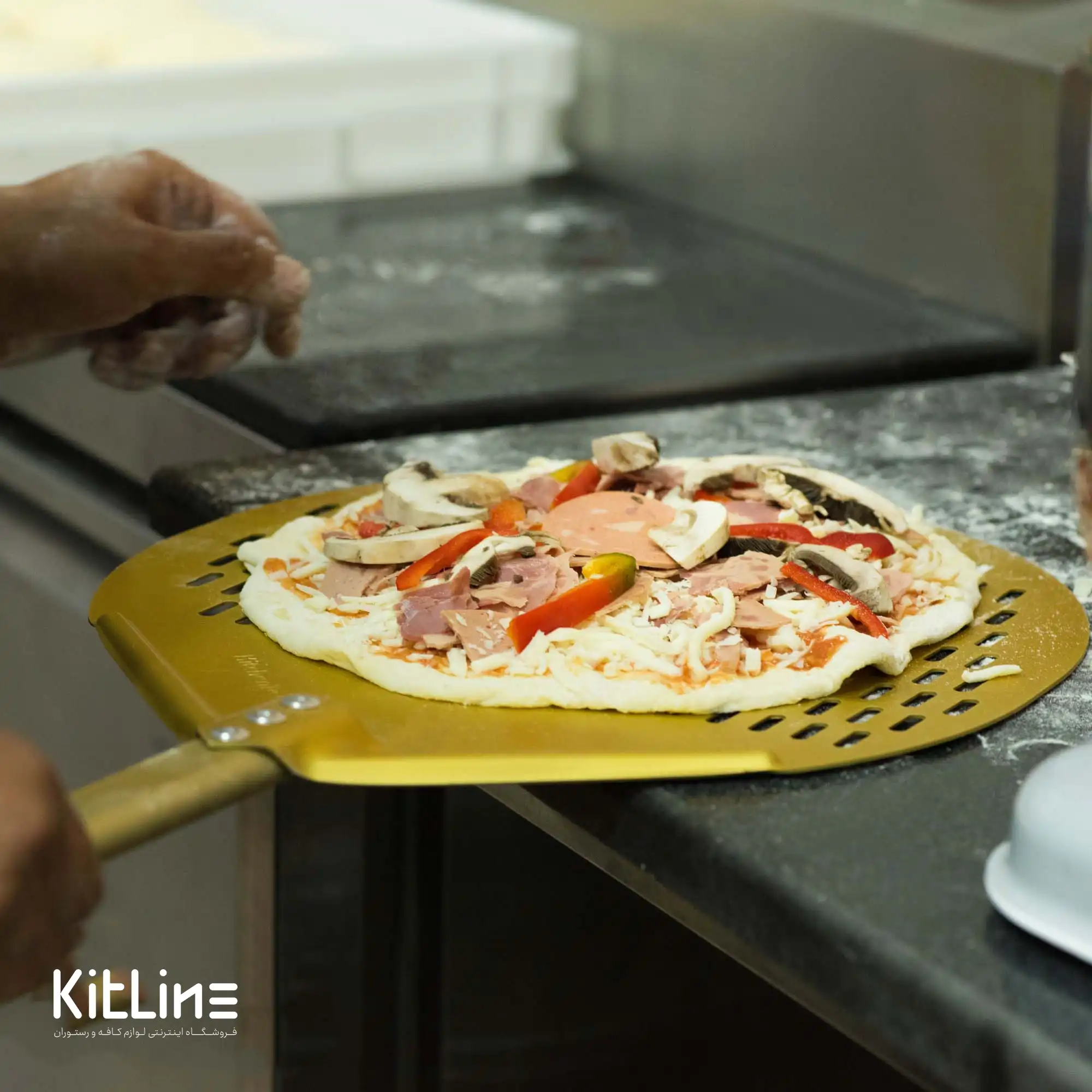 پارو پیتزا طلایی پانچ آلومینیومی گرد کف ۳۷، دسته ۶۰ سانتیمتر کیچن تک - تصویر 5