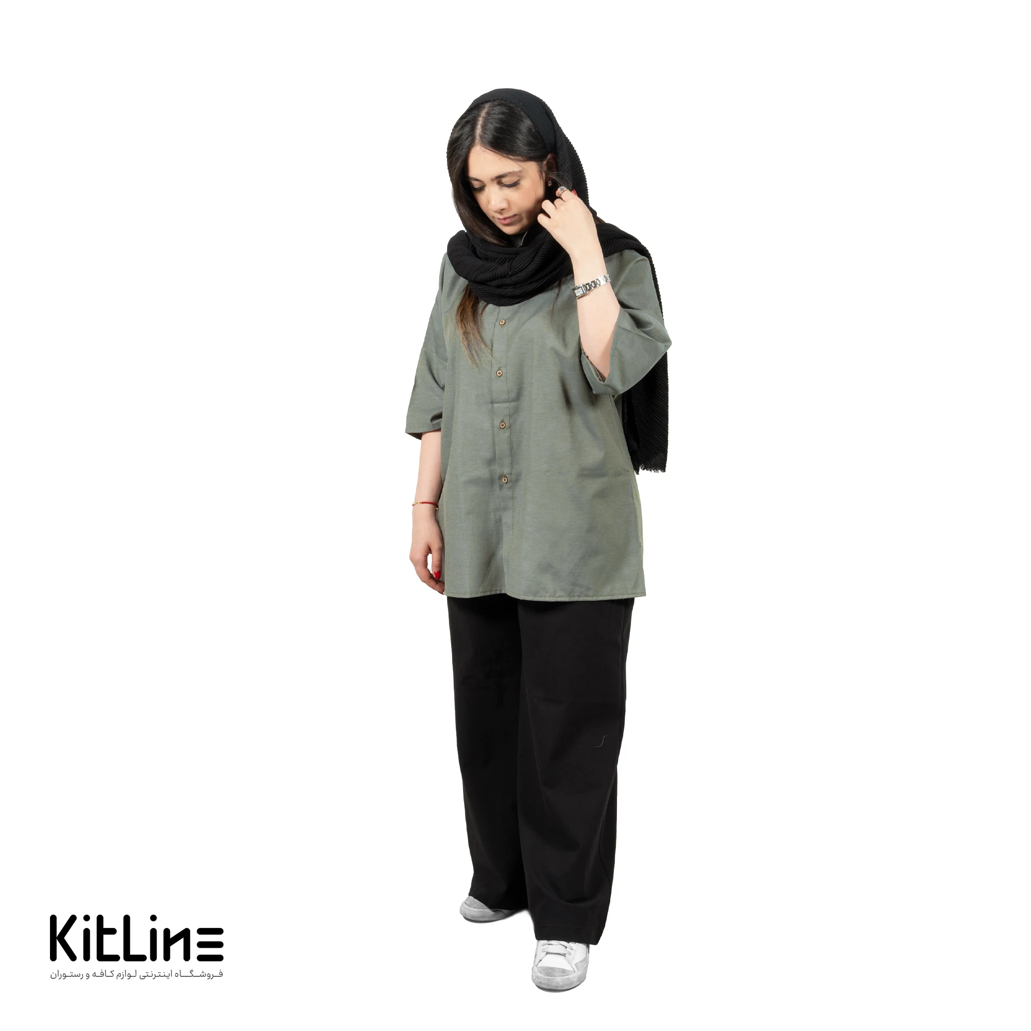 پيراهن آستین سه ربع لینن سبز فراز