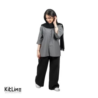 پيراهن آستین سه ربع لینن طوسی تیره فراز