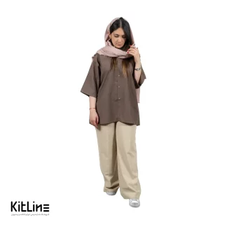 پيراهن آستین سه ربع لینن قهوه ای فراز