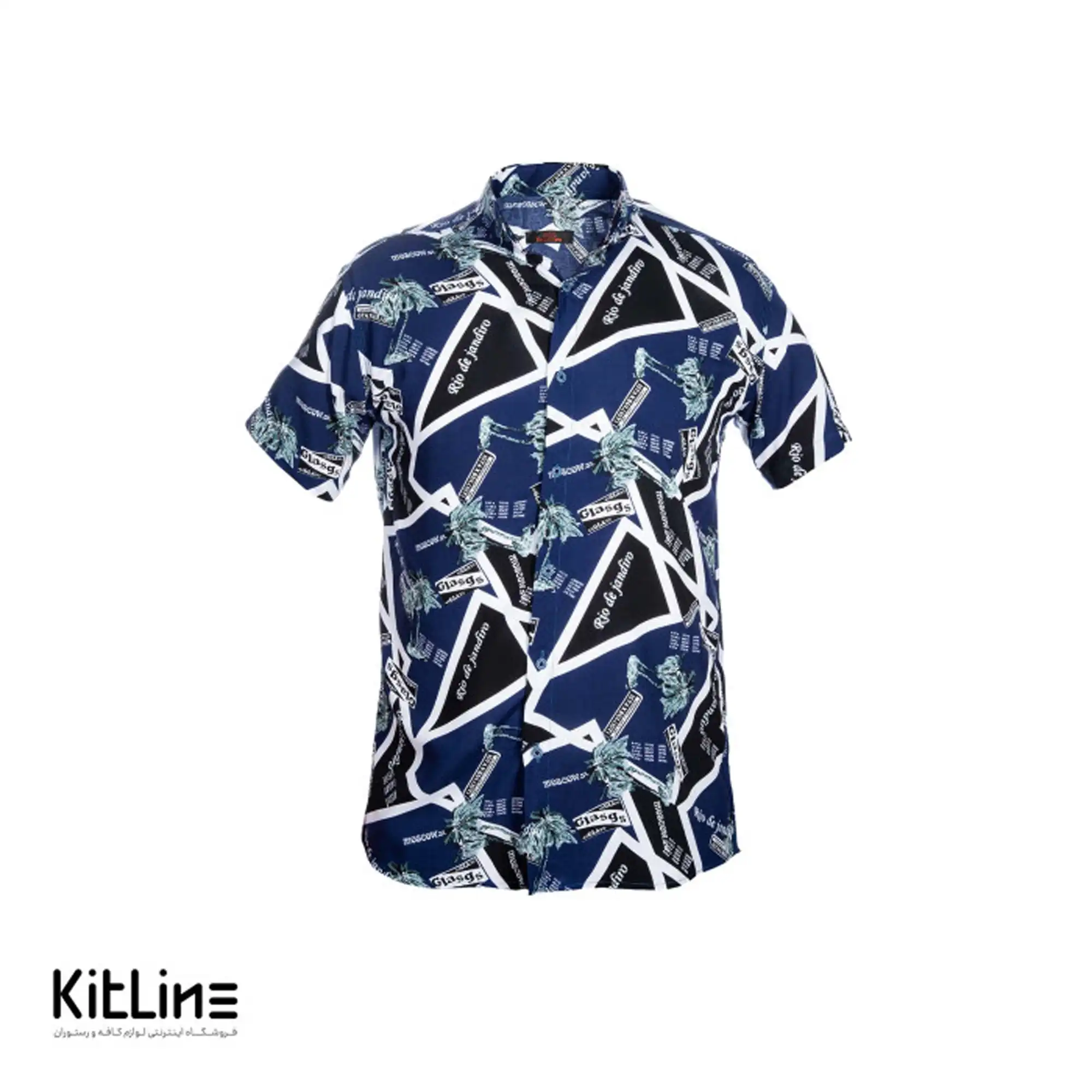 پيراهن آستین کوتاه هاوايی سفيد سورمه ای