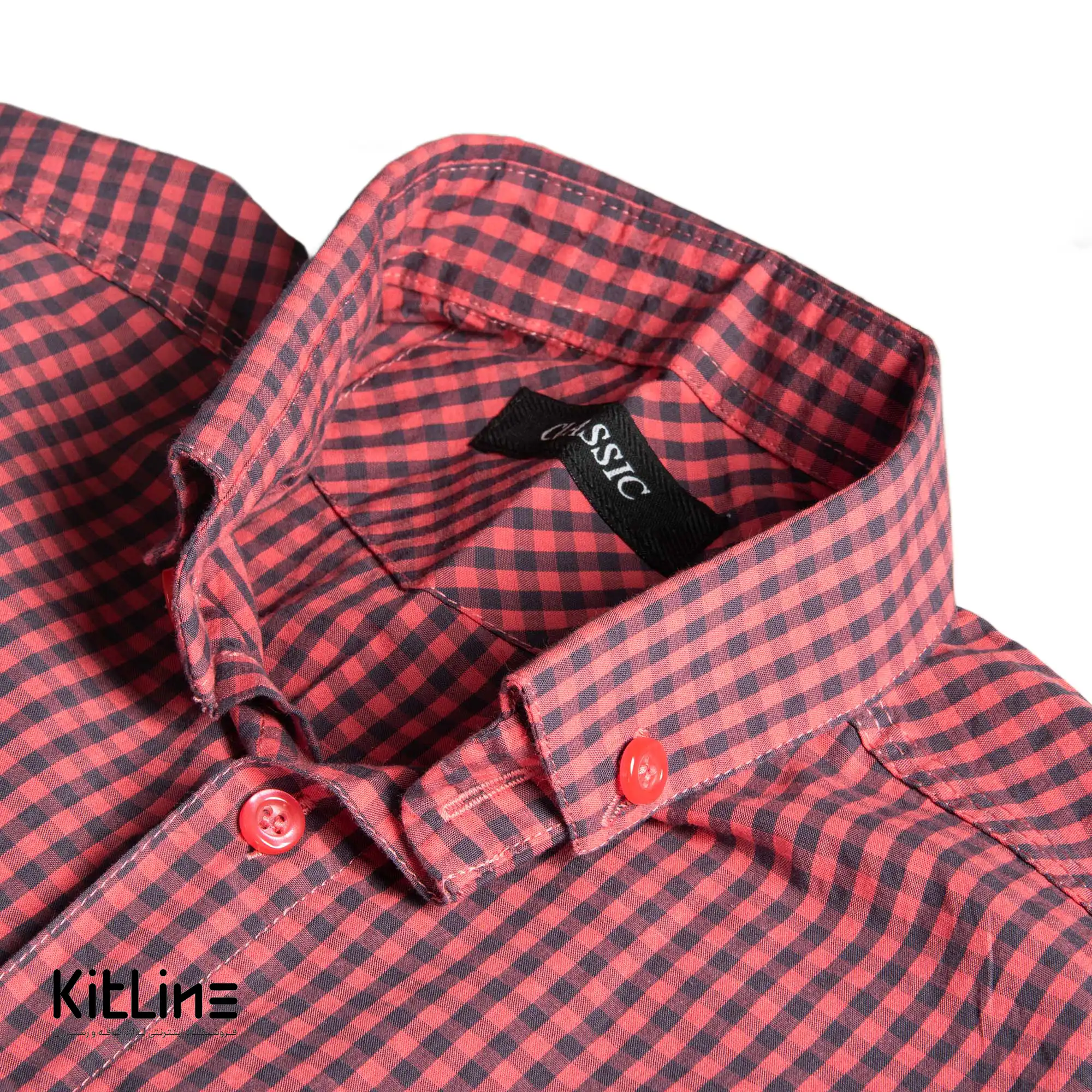 پيراهن آستين کوتاه چهارخانه مشکی قرمز - تصویر 3
