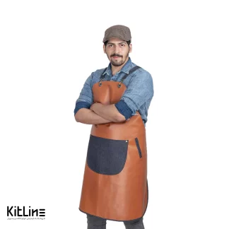 پیشبند چرمی قهوه ای با جیب جین آبی