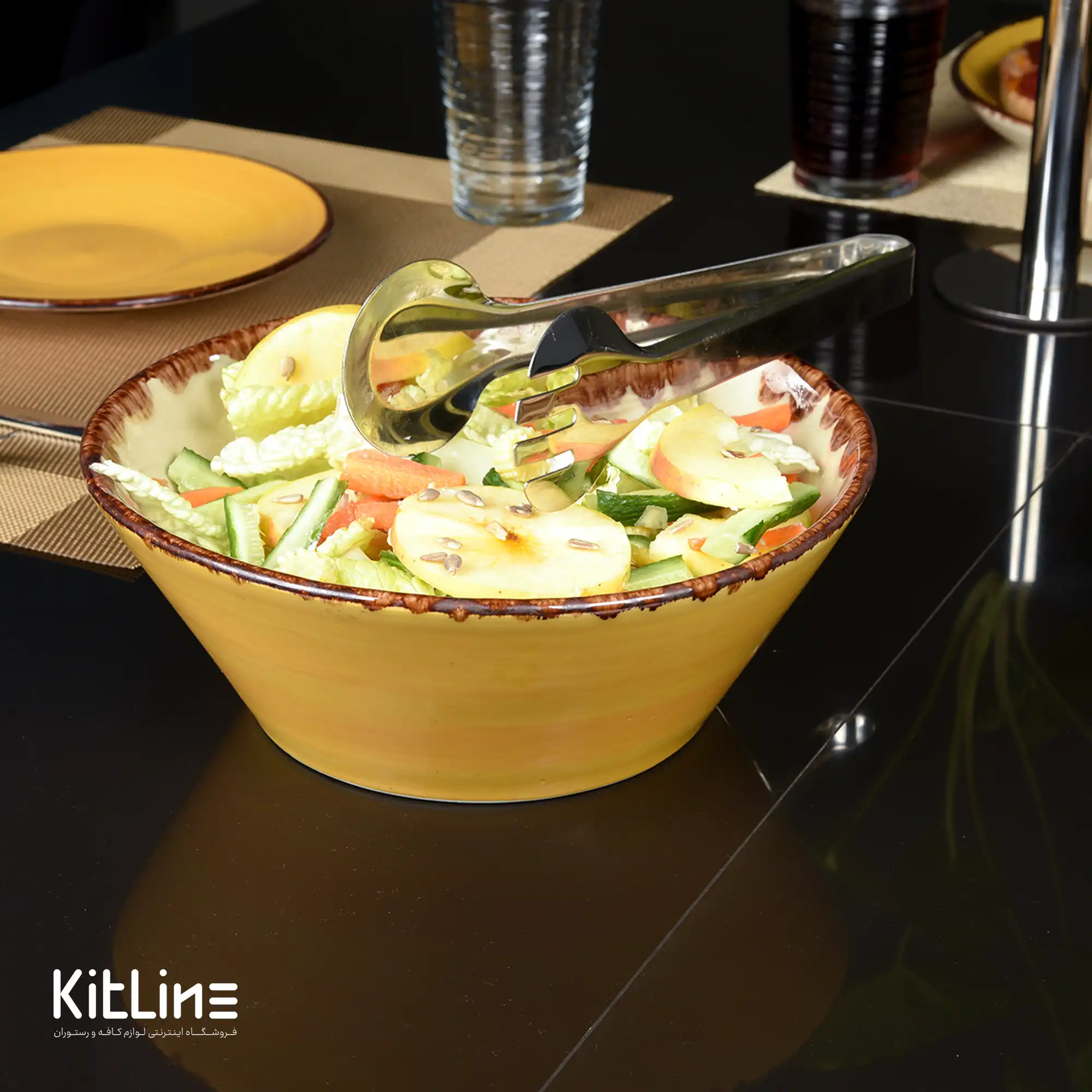 کاسه سرامیکی ۲۴ سانتیمتری زرد نارنجی باند دار - تصویر 6